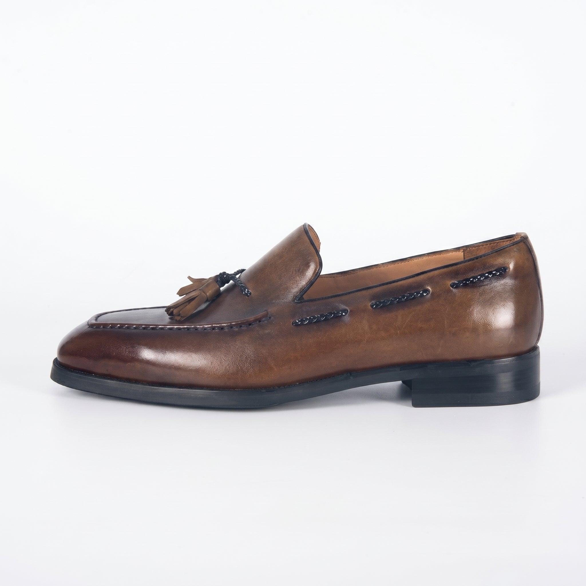 Classic Men's Burnished Leather Tassel Loafer | Antique Brown