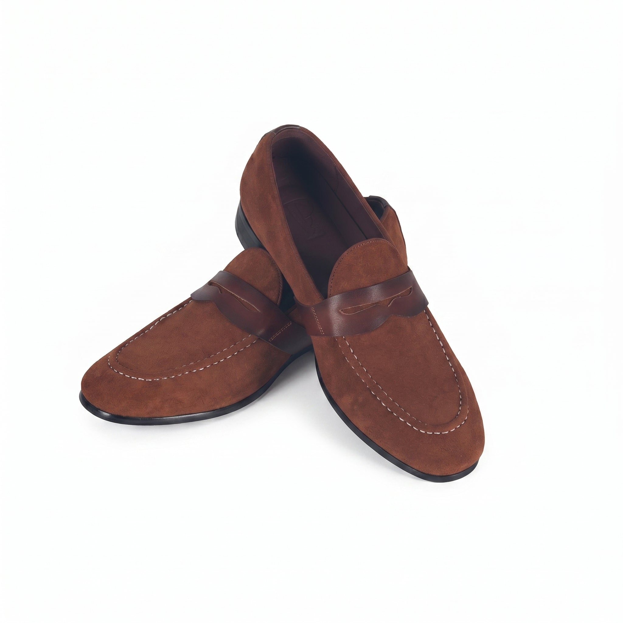 Men's Cognac Suede Penny Loafers | Contrast Leather Strap & Stitching