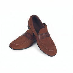 Men's Cognac Suede Penny Loafers | Contrast Leather Strap & Stitching