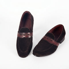 Men's Dark Espresso Suede Penny Loafers | Smooth Leather Strap