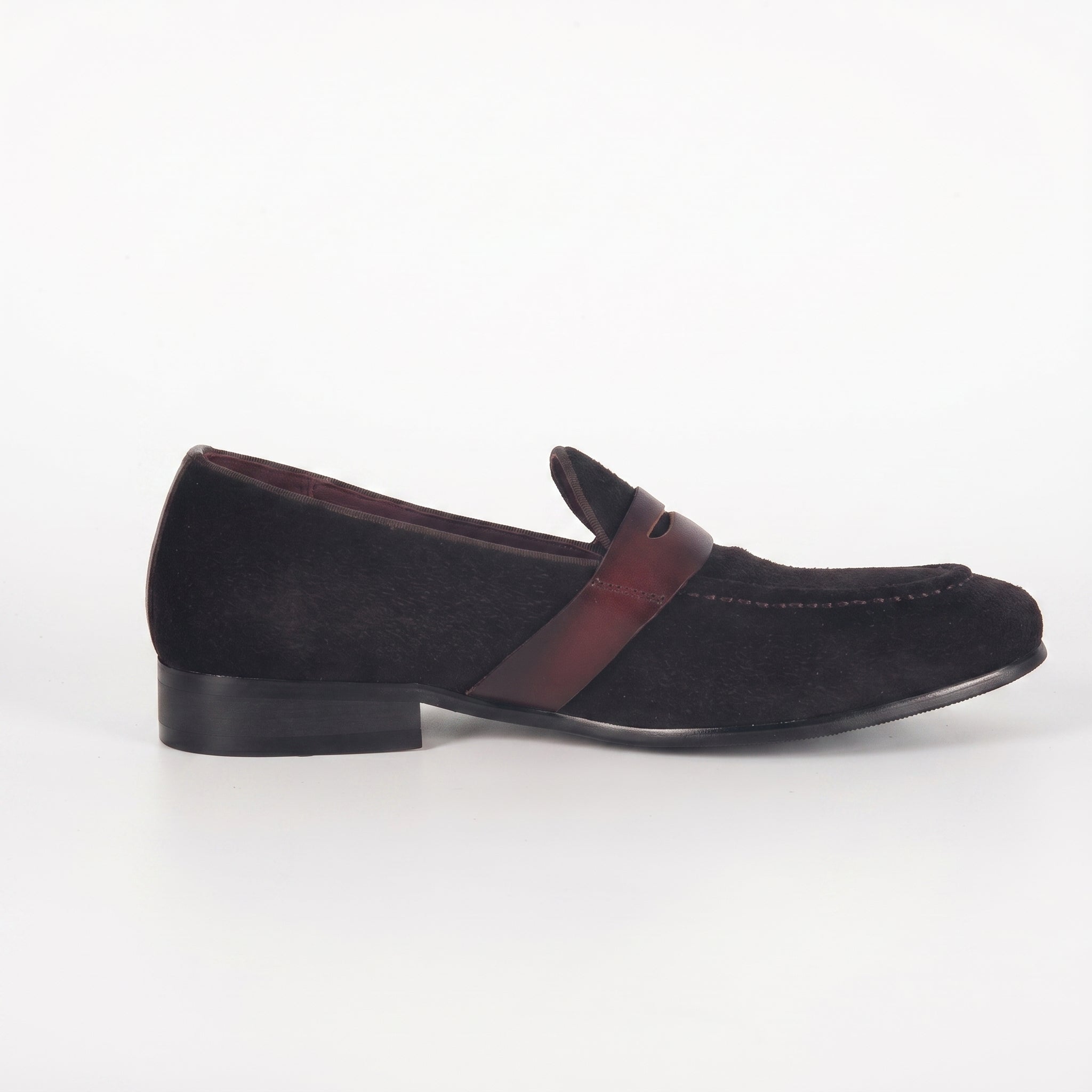 Men's Dark Espresso Suede Penny Loafers | Smooth Leather Strap