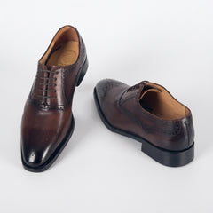 Premium Men's Hand-Burnished Patina Brown Semi-Brogue Oxford Dress Shoes