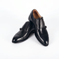 Men's Classic Black Leather Double Monk Strap Dress Shoes | Cap Toe