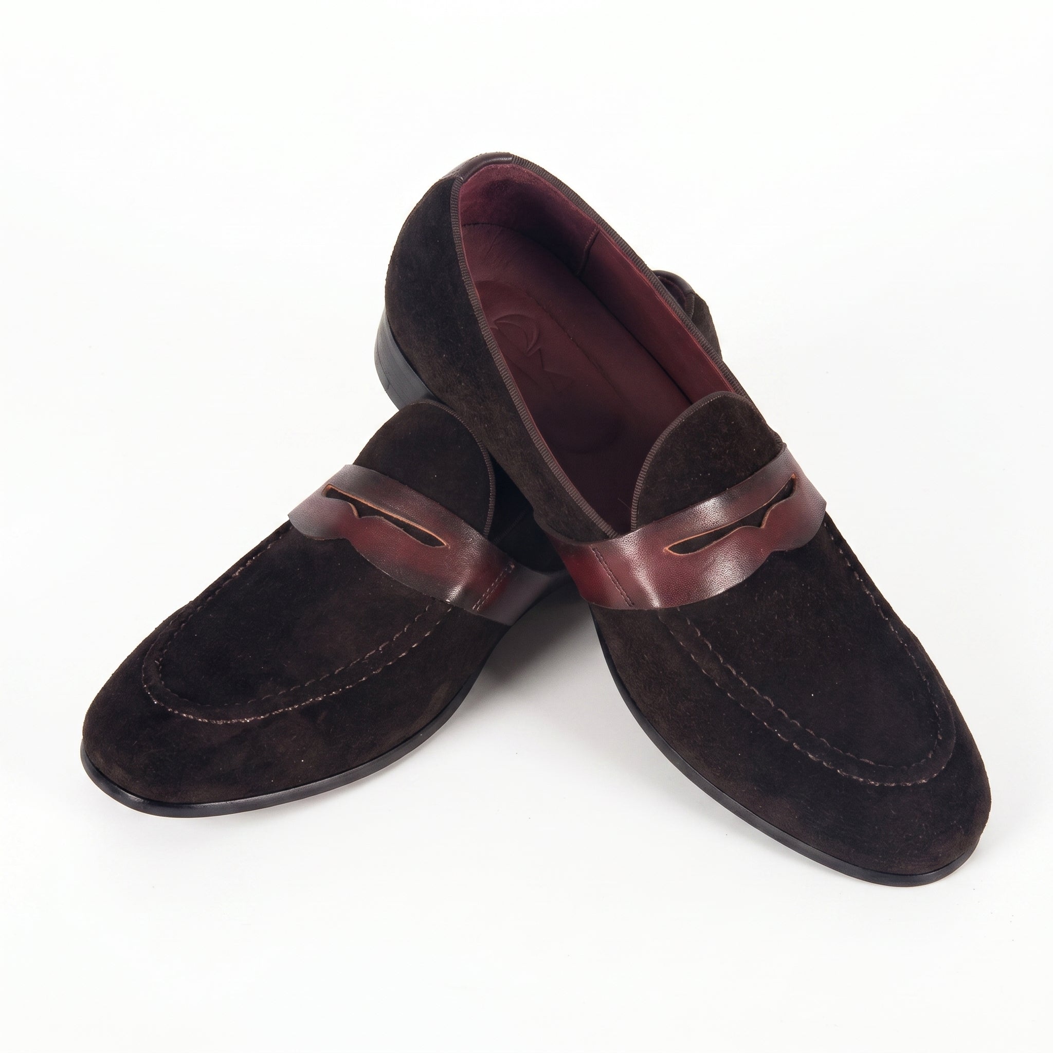 Men's Dark Espresso Suede Penny Loafers | Smooth Leather Strap