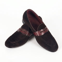Men's Dark Espresso Suede Penny Loafers | Smooth Leather Strap