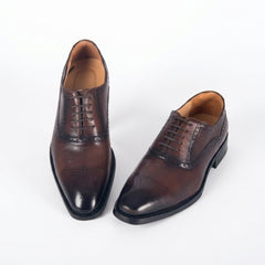 Premium Men's Hand-Burnished Patina Brown Semi-Brogue Oxford Dress Shoes