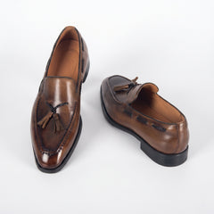 Classic Men's Burnished Leather Tassel Loafer | Antique Brown