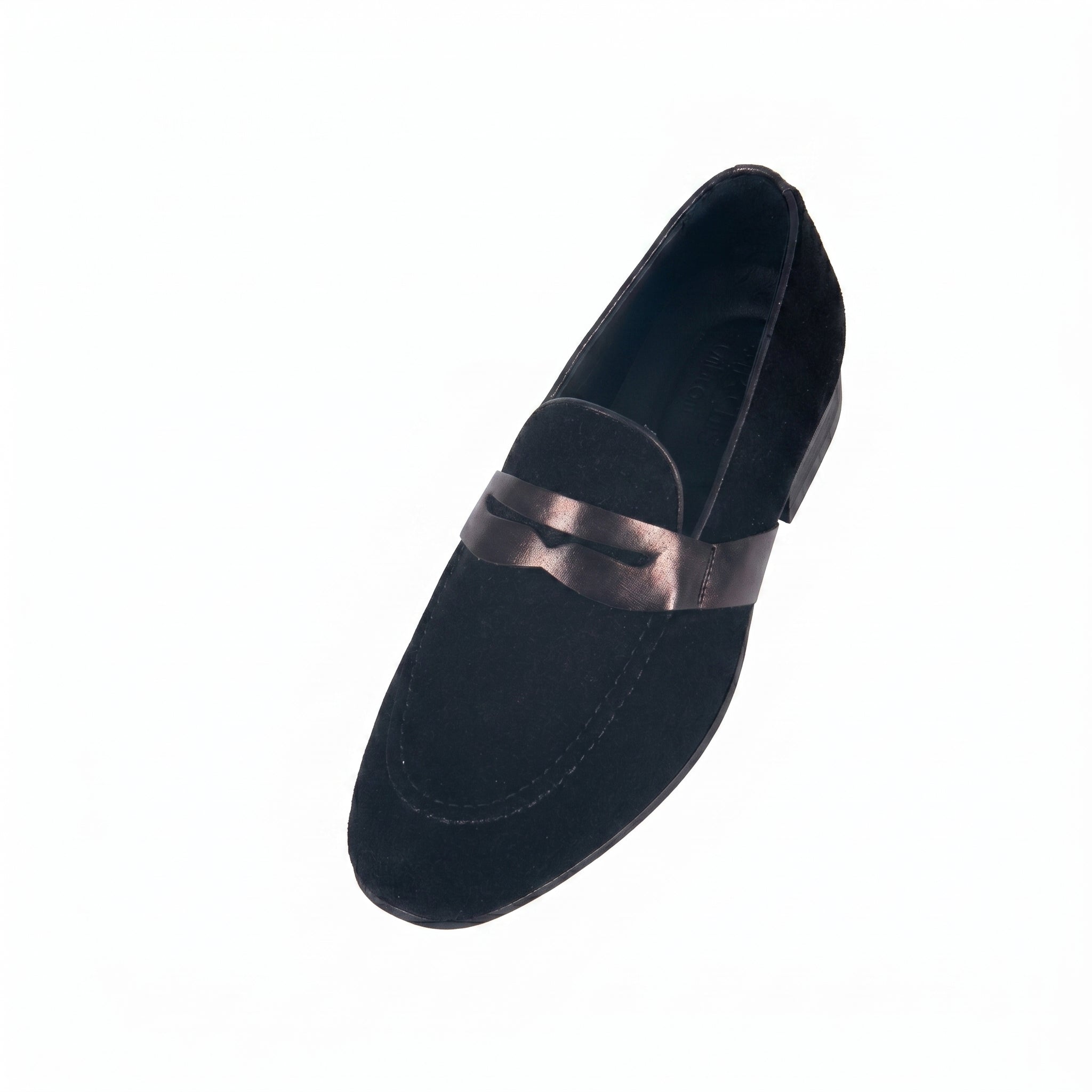 Men's Black Suede Penny Loafers | Contrast Leather Strap