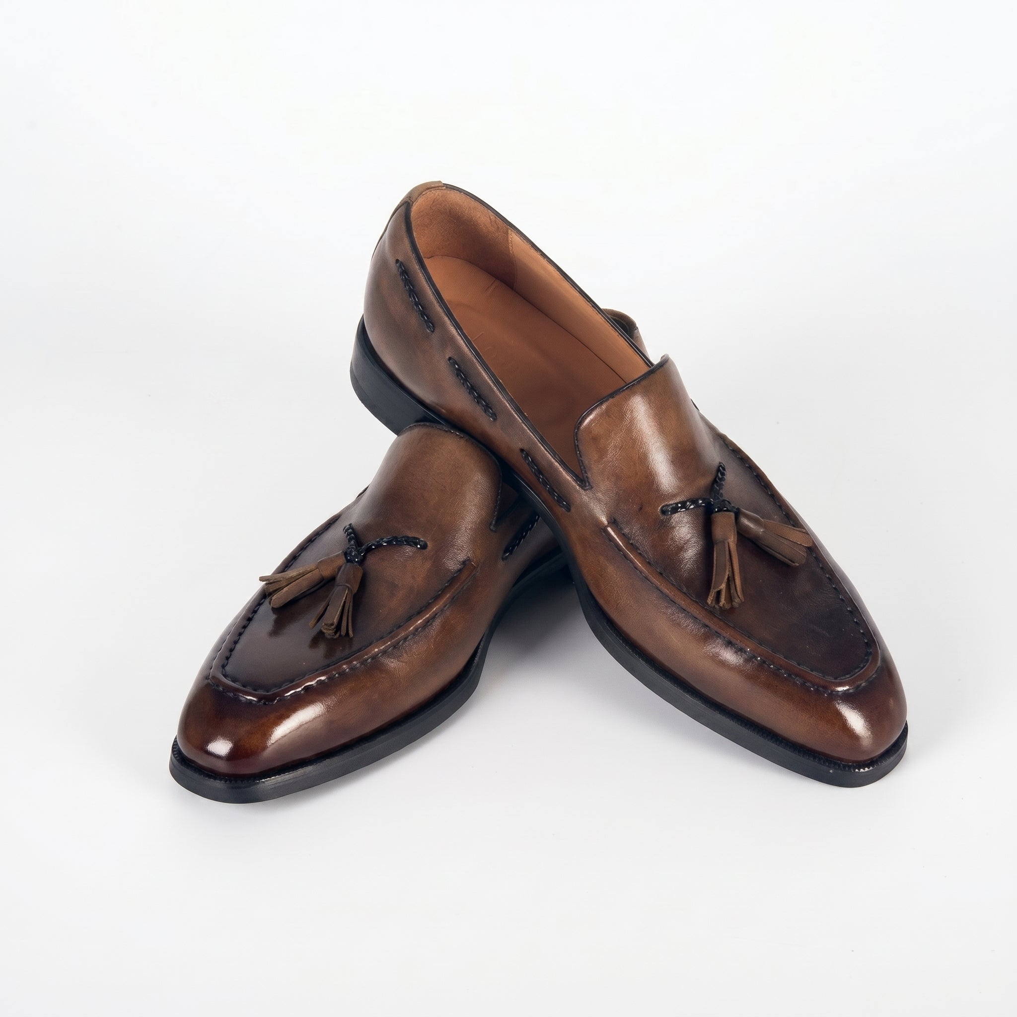 Classic Men's Burnished Leather Tassel Loafer | Antique Brown