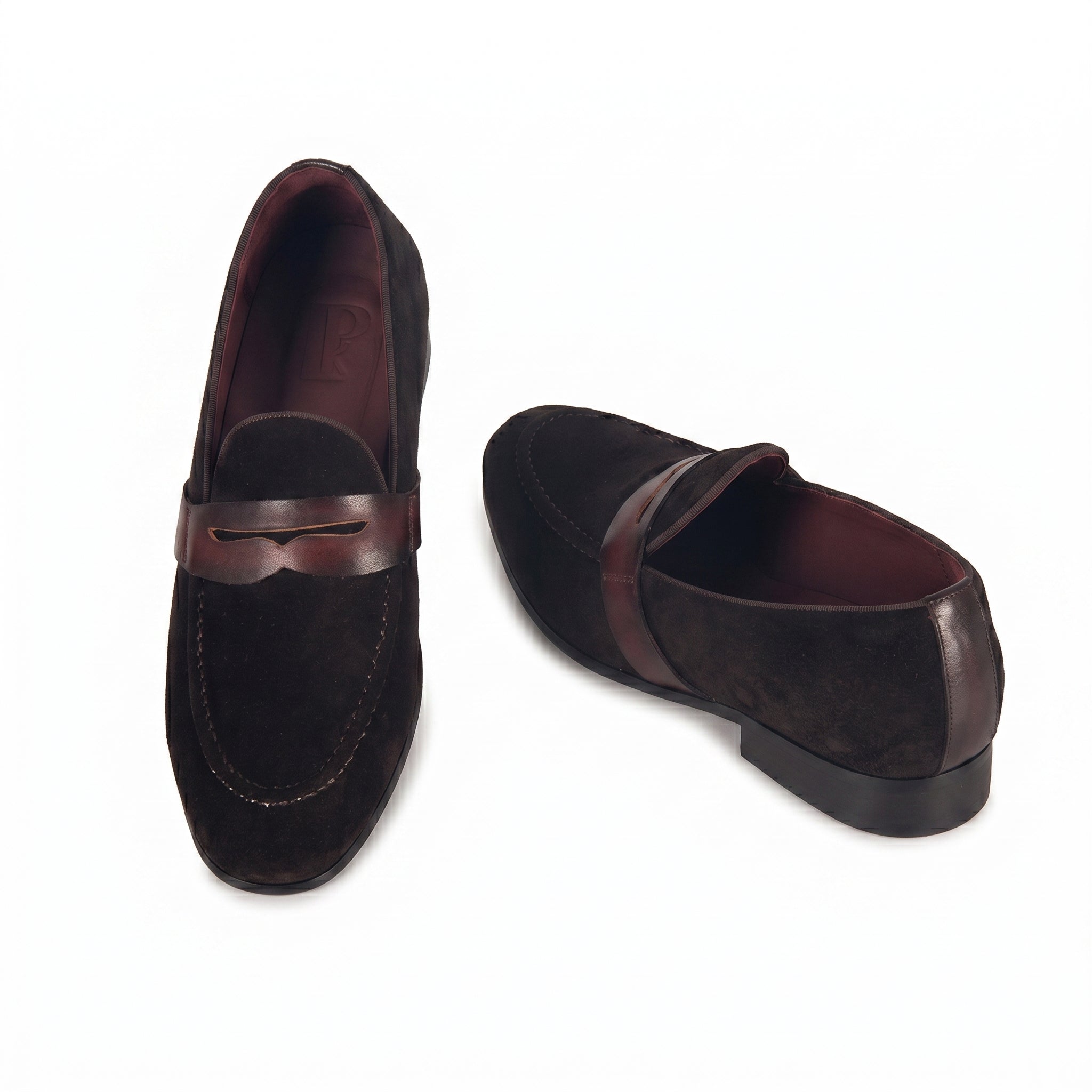 Men's Dark Espresso Suede Penny Loafers | Smooth Leather Strap