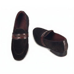 Men's Dark Espresso Suede Penny Loafers | Smooth Leather Strap