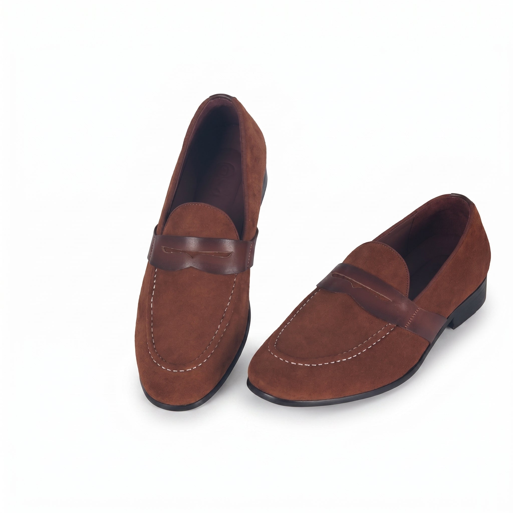 Men's Cognac Suede Penny Loafers | Contrast Leather Strap & Stitching