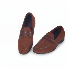 Men's Cognac Suede Penny Loafers | Contrast Leather Strap & Stitching