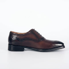 Premium Men's Hand-Burnished Patina Brown Semi-Brogue Oxford Dress Shoes