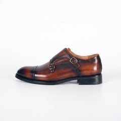 Men's Burnished Brown Leather Double Monk Strap Shoes | Cap Toe Brogue