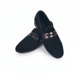Men's Black Suede Penny Loafers | Contrast Leather Strap