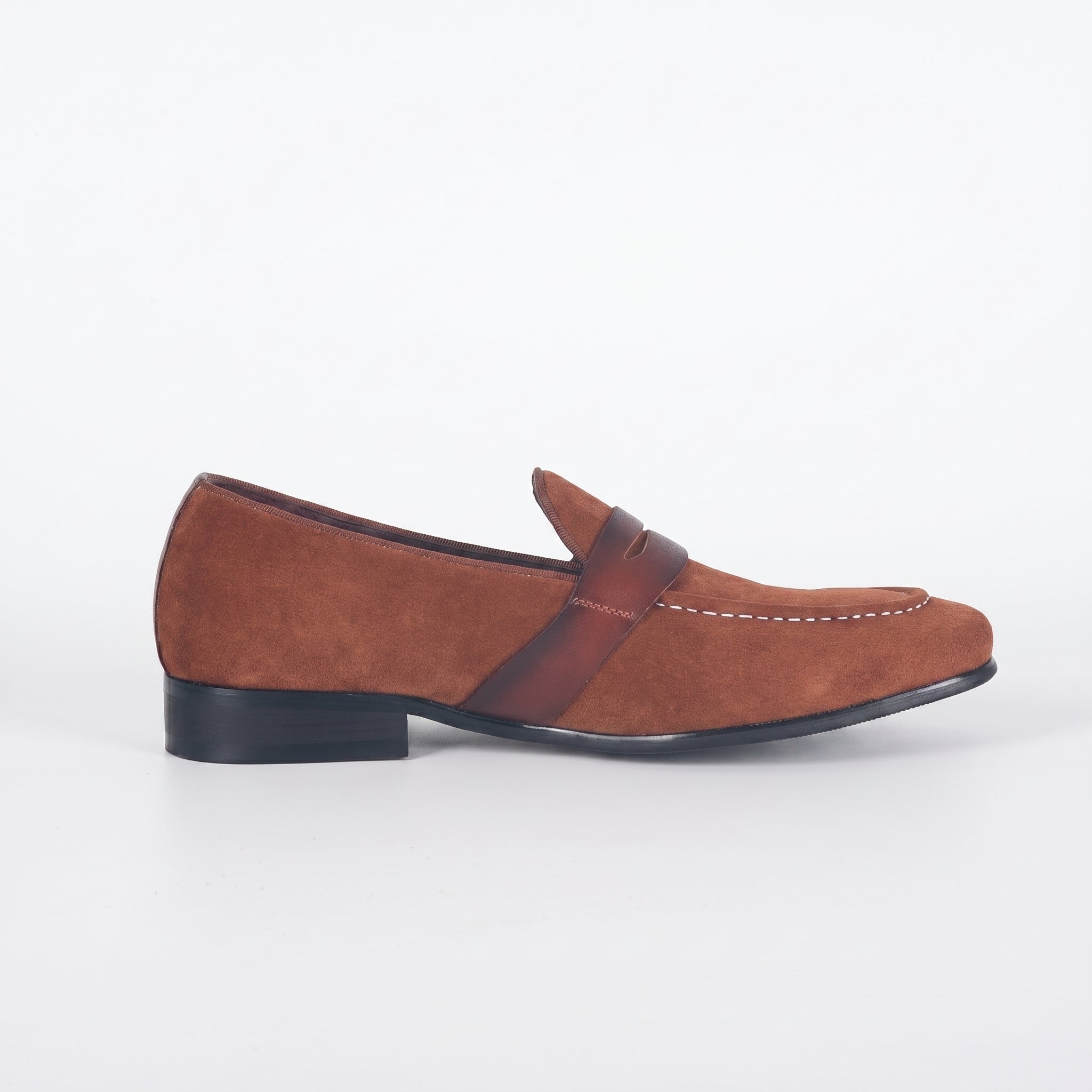 Men's Cognac Suede Penny Loafers | Contrast Leather Strap & Stitching