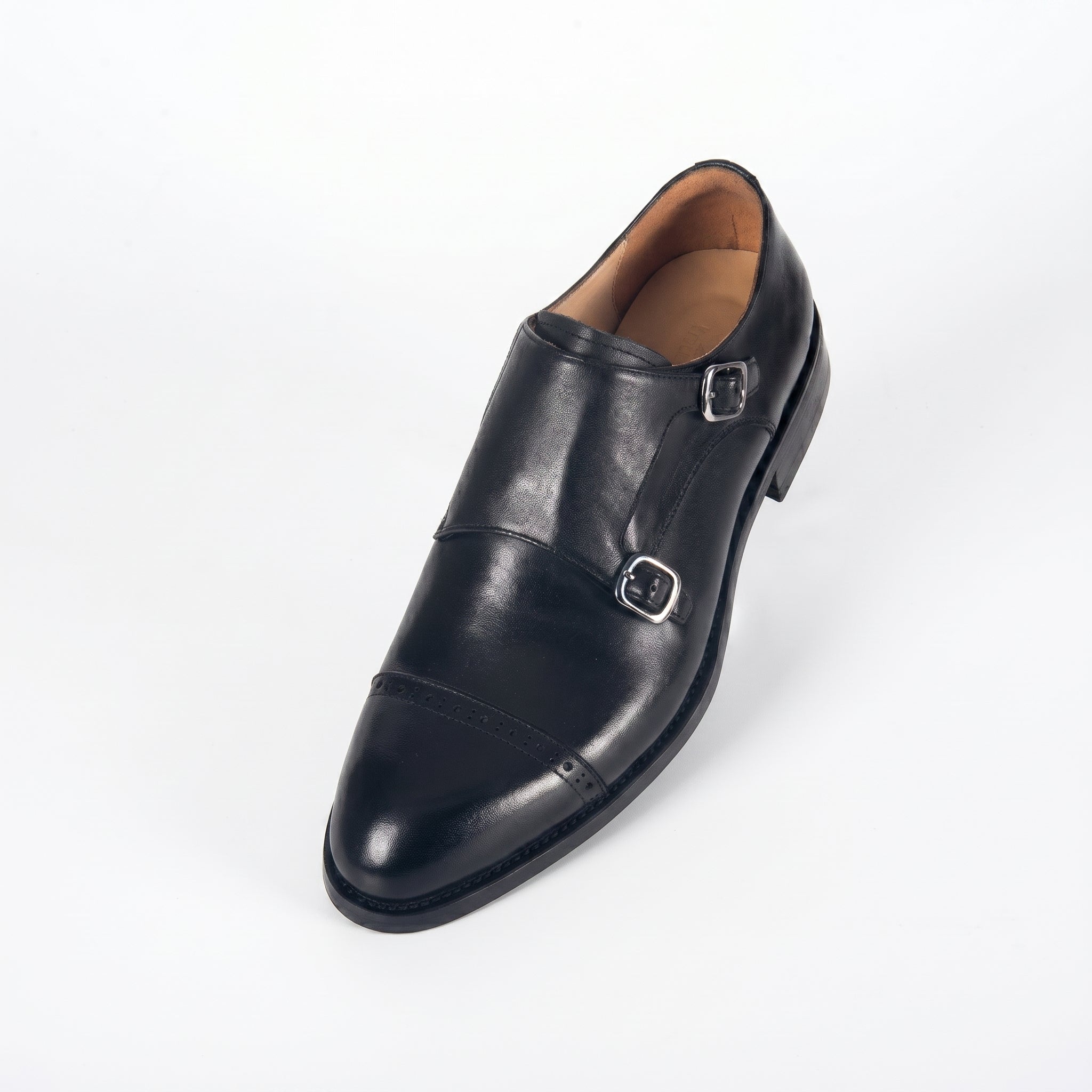 Men's Classic Black Leather Double Monk Strap Dress Shoes | Cap Toe