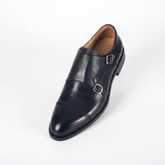 Men's Classic Black Leather Double Monk Strap Dress Shoes | Cap Toe