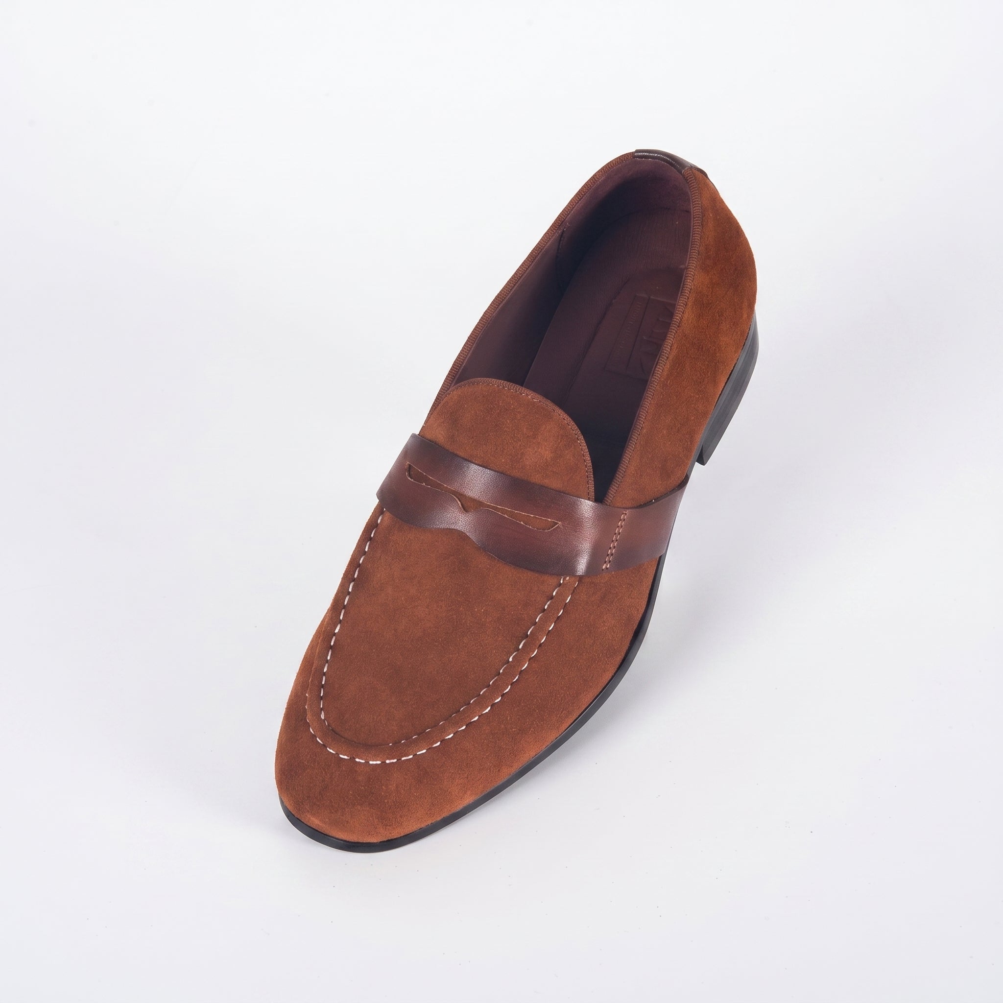 Men's Cognac Suede Penny Loafers | Contrast Leather Strap & Stitching