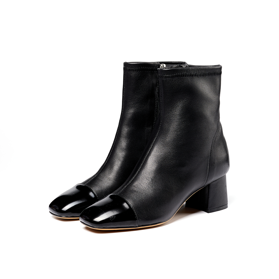 Women's black patchwork cowhide and sheepskin ankle boots