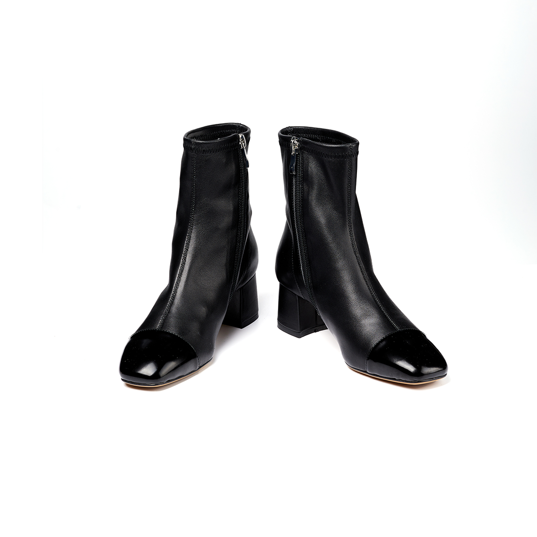 Women's black patchwork cowhide and sheepskin ankle boots