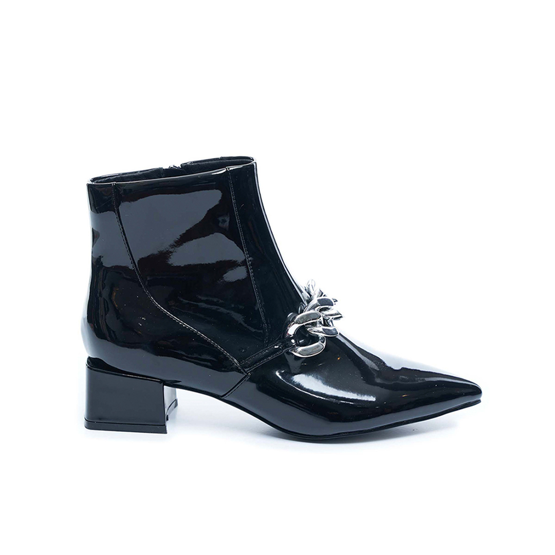 Black Ankle Boots with Chain Patent Heels | Flared Heel Boots - VHNY 