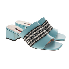 Women blue Sheepskin and webbing leather sandals｜blue exotic Sheepskin and webbing leather and lace leather sandals