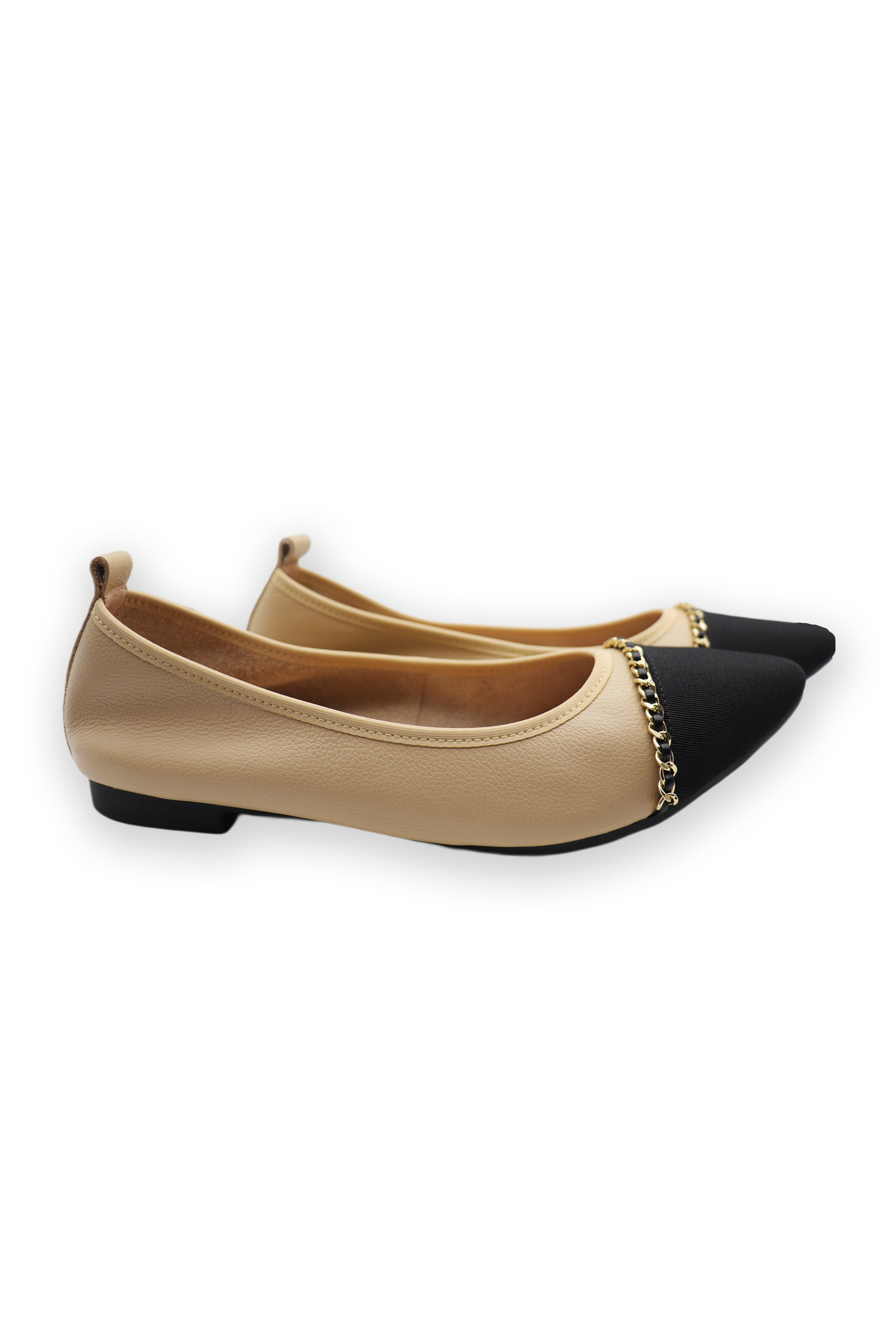 Apricot and Black Cowhide Leather Pointy Heels Flat Commuter Shoes
