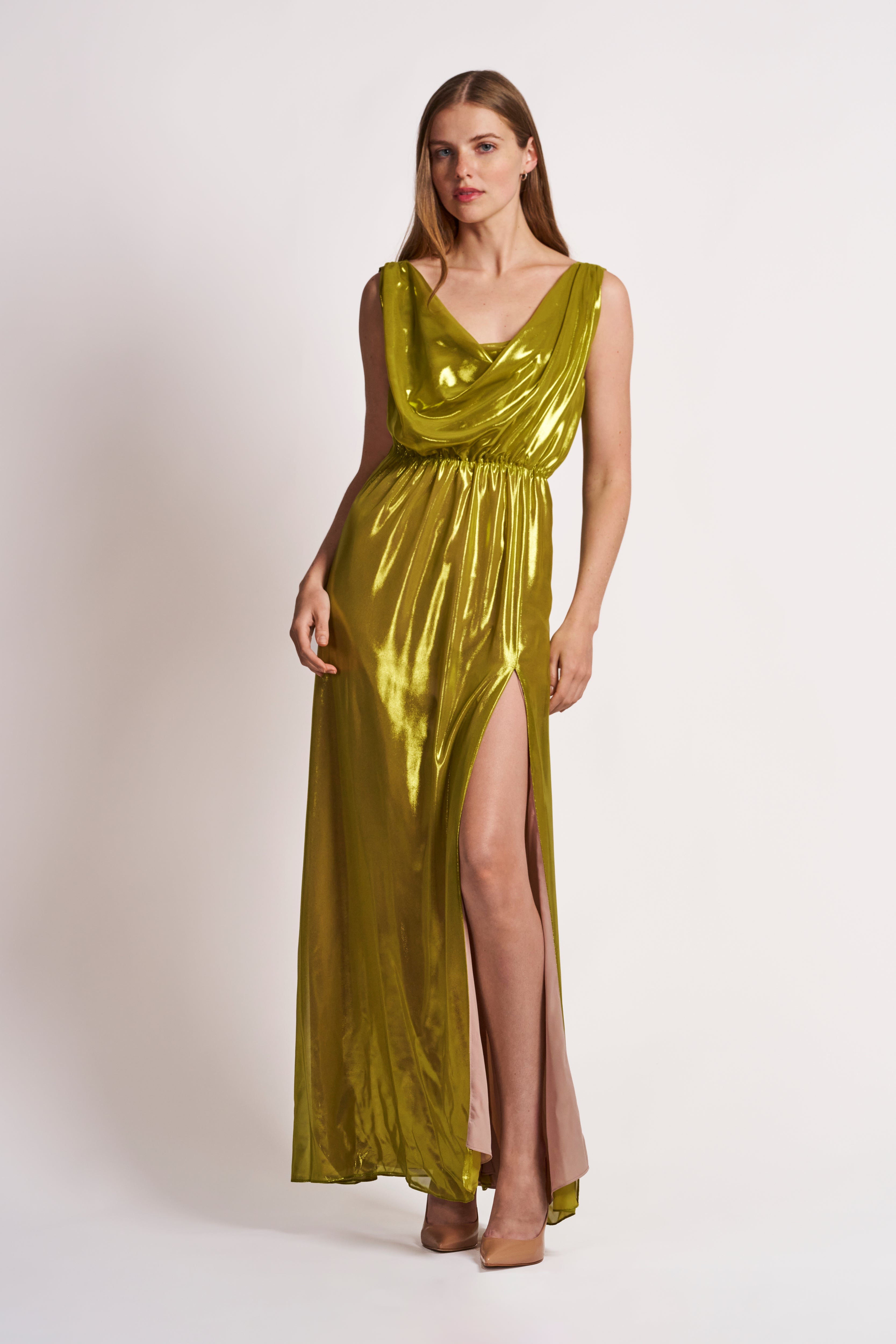 Lime Satin Drape Gown with High Slit - VHNY 