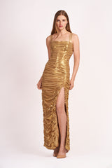 Gold Metallic Ruched Gown with High Slit - VHNY 