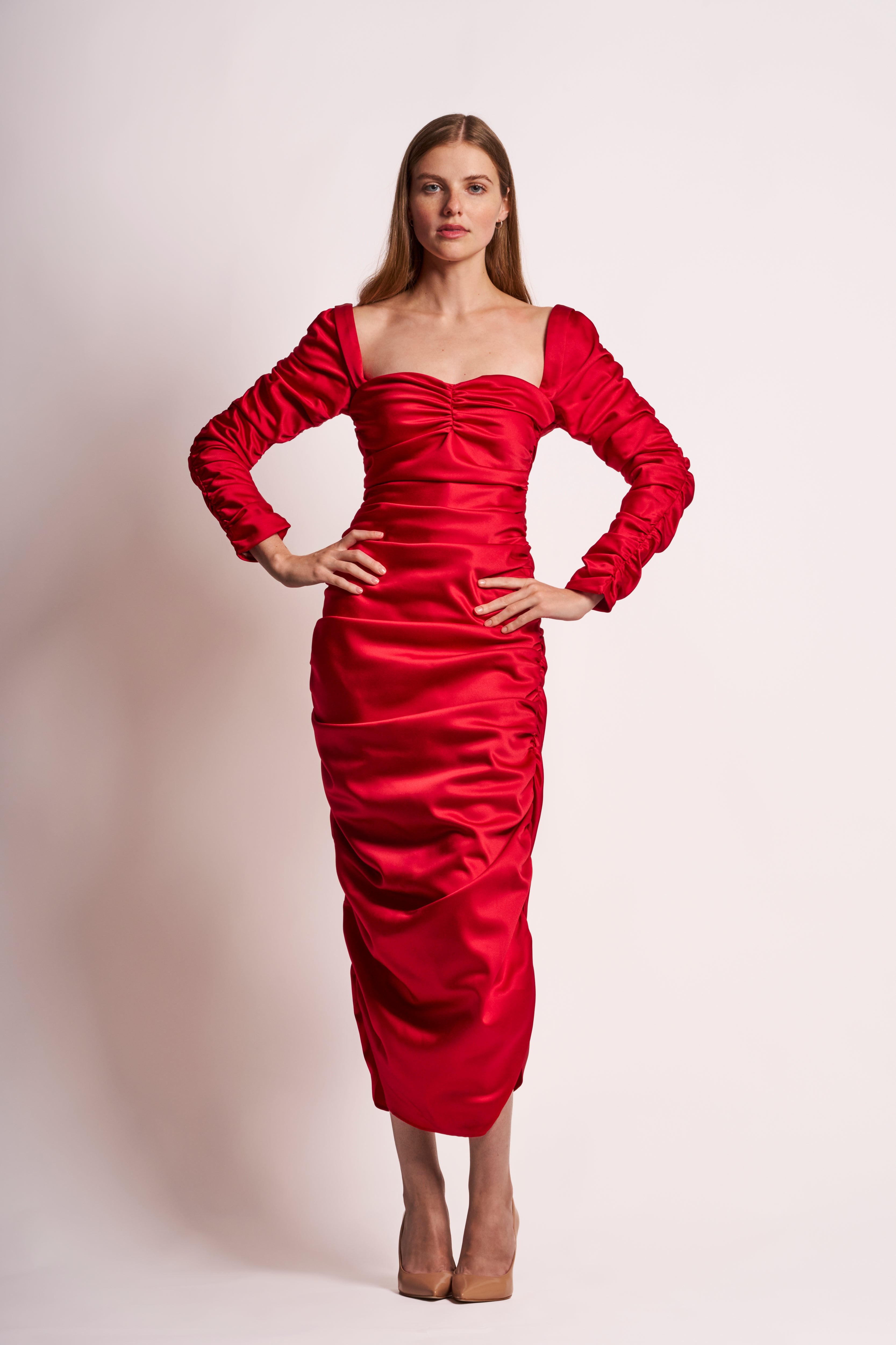 Crimson Silk Satin Long-Sleeve Ruched Midi Dress 12 Crimson Silk Satin Long-Sleeve Ruched Midi Dress 12