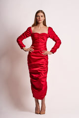 Crimson Silk Satin Long-Sleeve Ruched Midi Dress - VHNY 