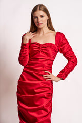 Crimson Silk Satin Long-Sleeve Ruched Midi Dress - VHNY 