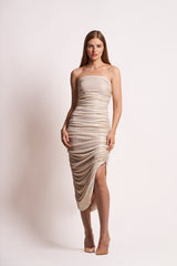 Champagne Gold Strapless Ruched Midi Dress - VHNY 