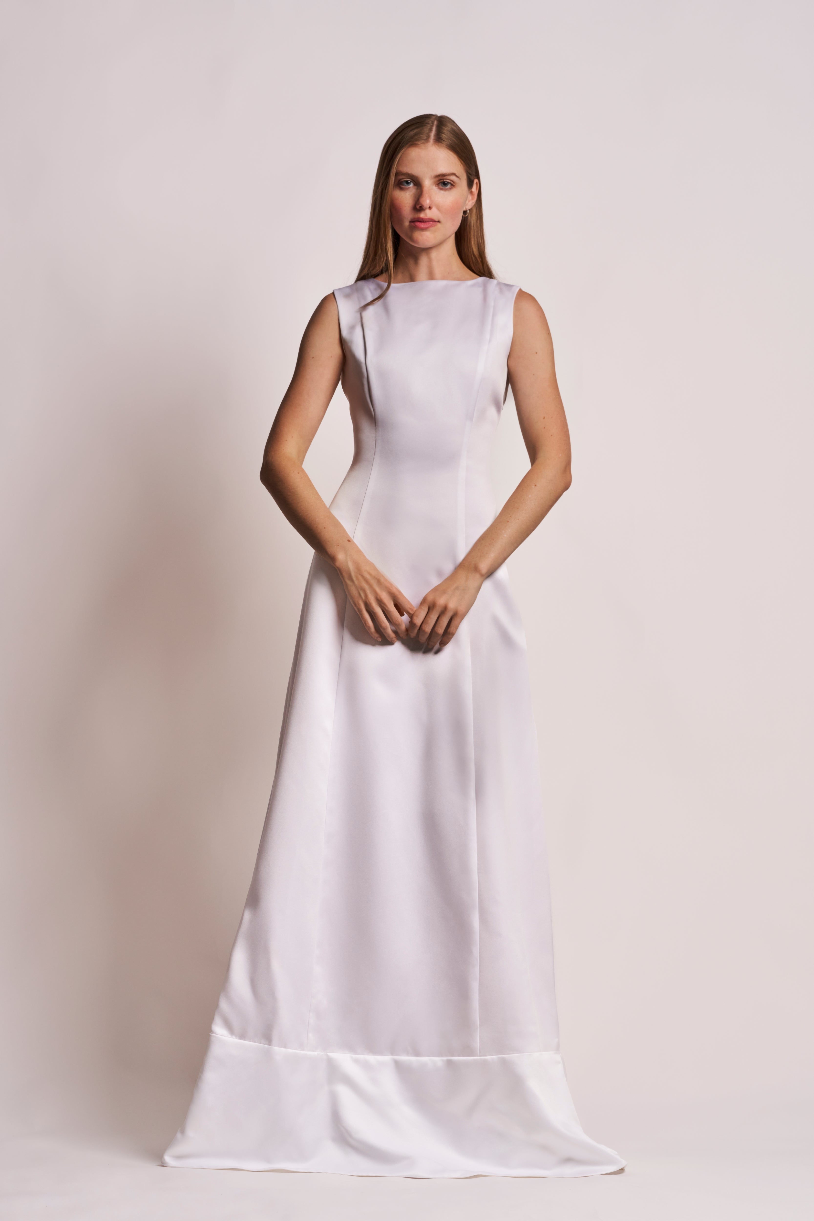 White Silk Satin Sleeveless A-Line Gown - VHNY 