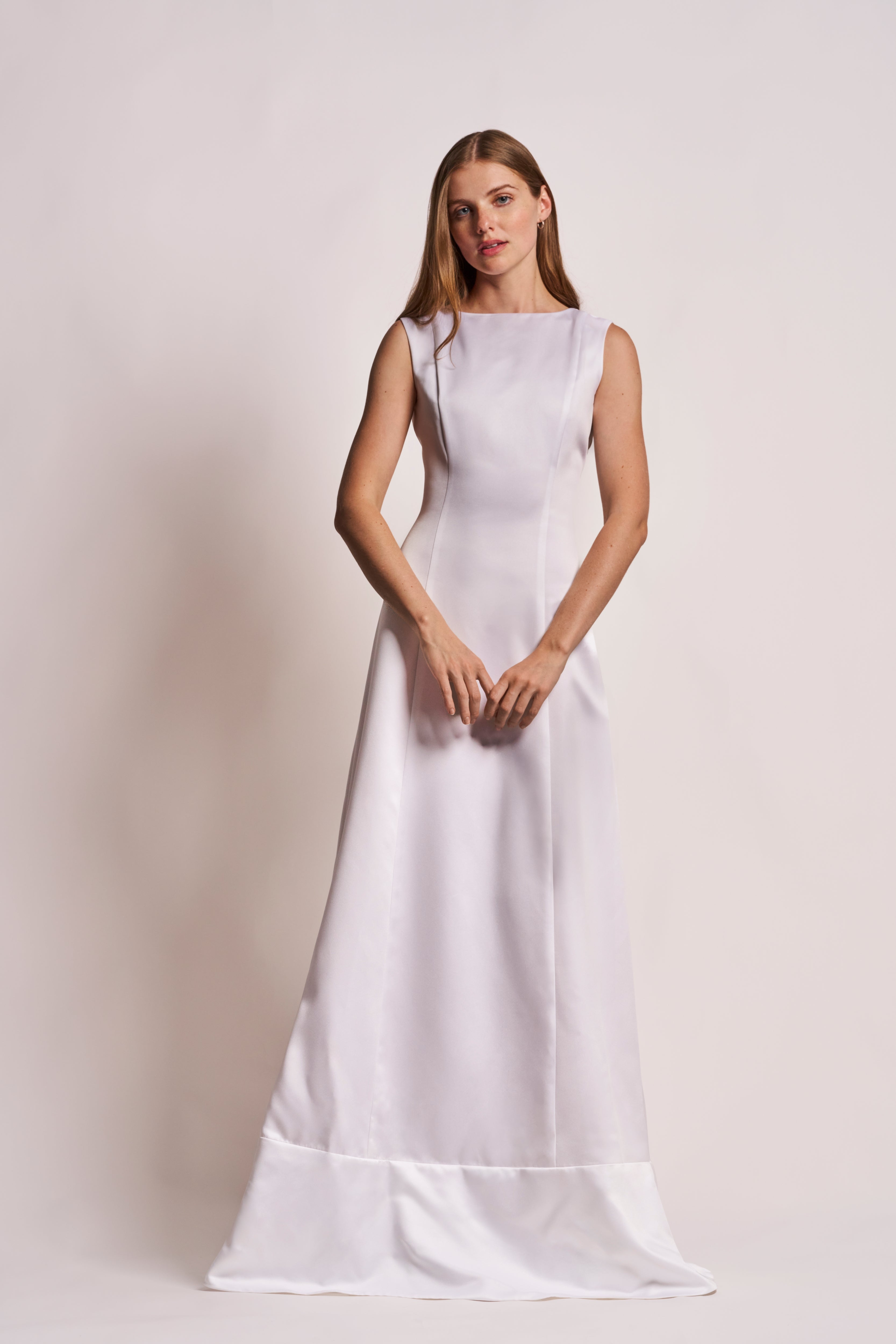 White Silk Satin Sleeveless A-Line Gown - VHNY 