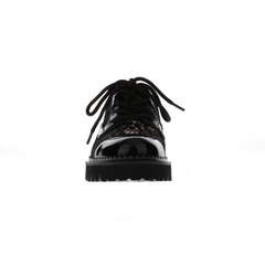Women’s black Patent leather and lace leather sneaker ｜ black Hollow out Patent leather and lace leather sneaker