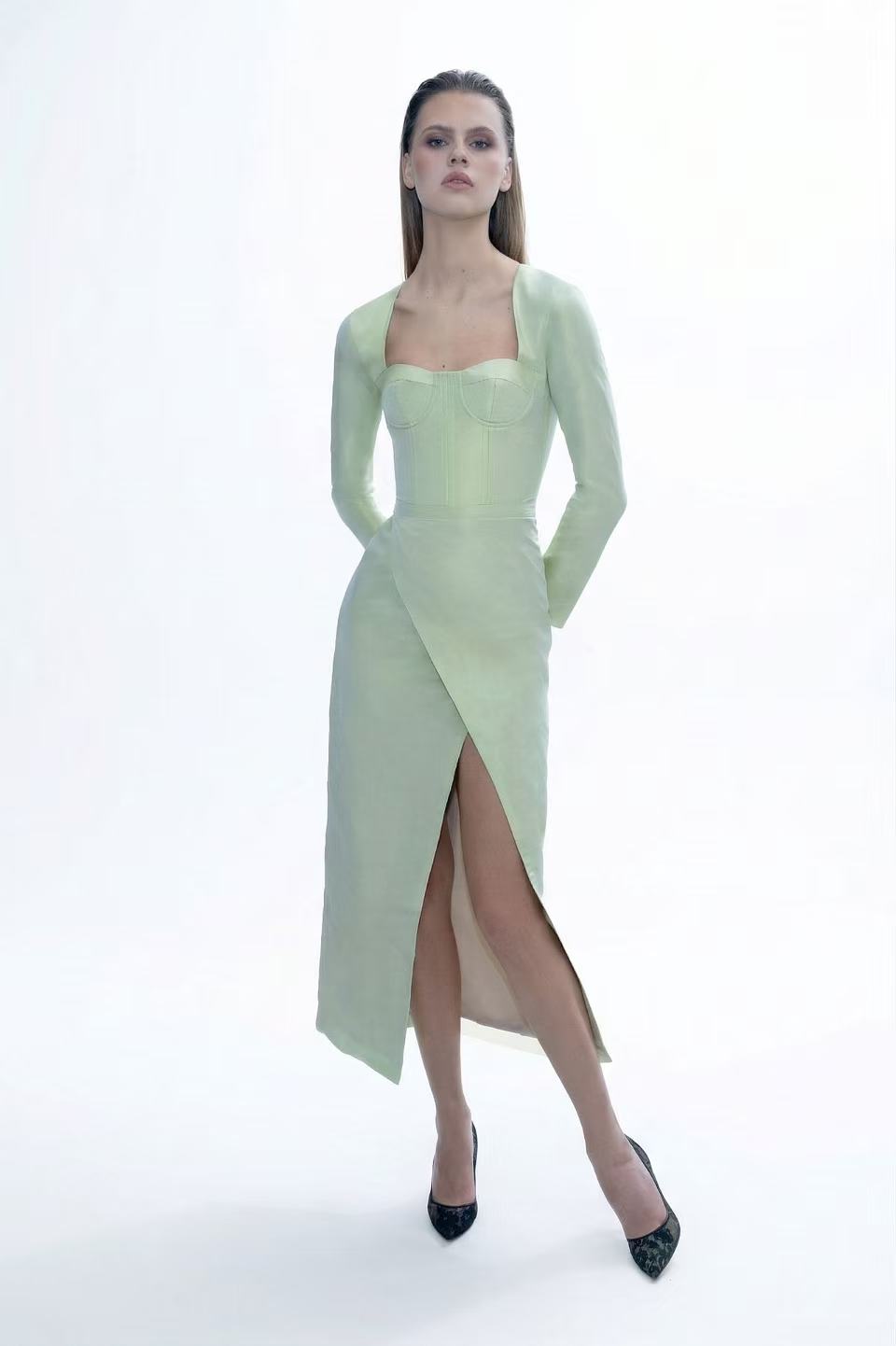 pistachio green dress Vivienne Hu Silk Taffeta Pistachio Green Corset Wrap Dress 4
