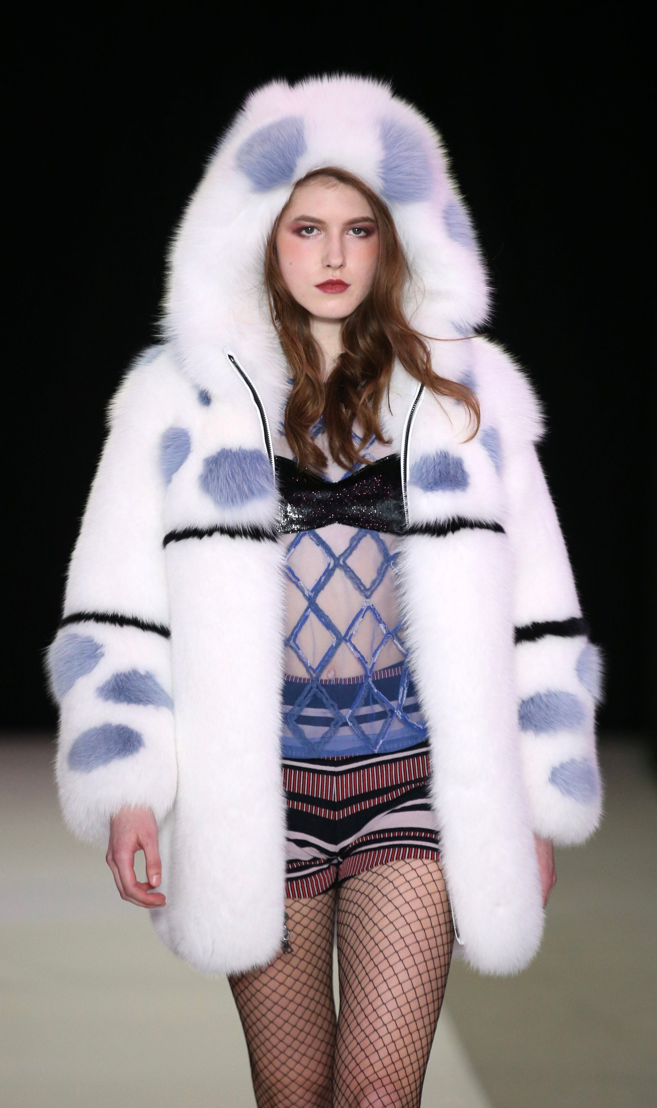 White and Blue Patterned Fox Fur Coat with Oversized Hood