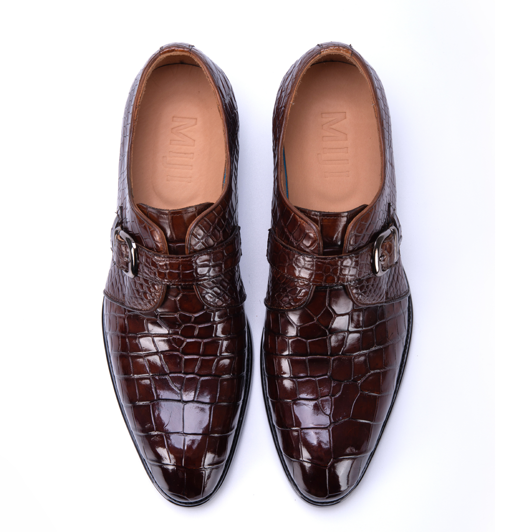 BROWN ALLIGATOR SINGLE MONK STRAP SHOES