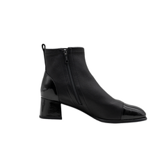 Women black sheepskin and Patent leather ankle boots｜Women black simple sheepskin and Patent leather Side zipper ankle boots