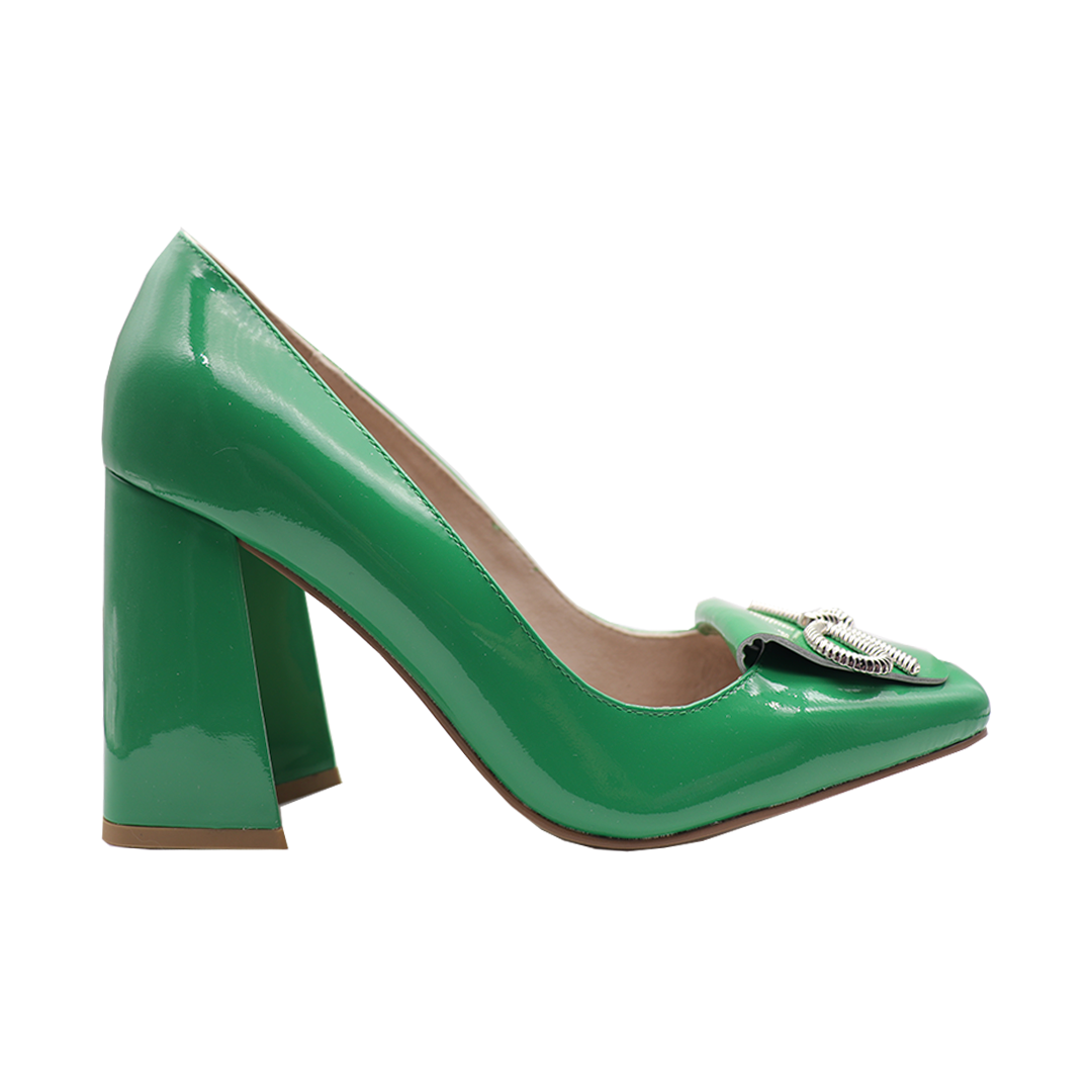 green sheepskin Square toe block heels shoes
