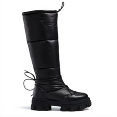 Women's black buckskin platform knee-high boots with strap