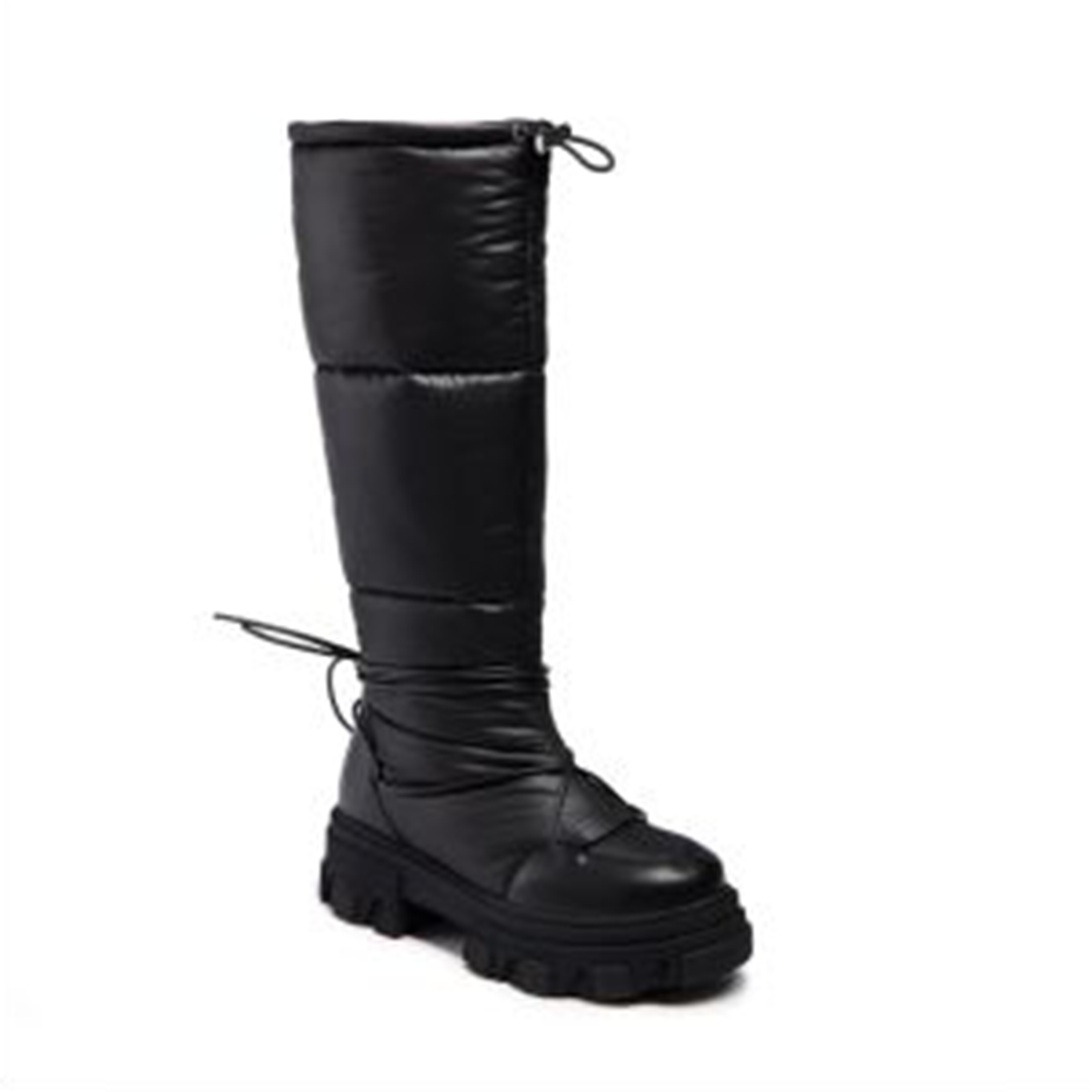 Women's black buckskin platform knee-high boots with strap