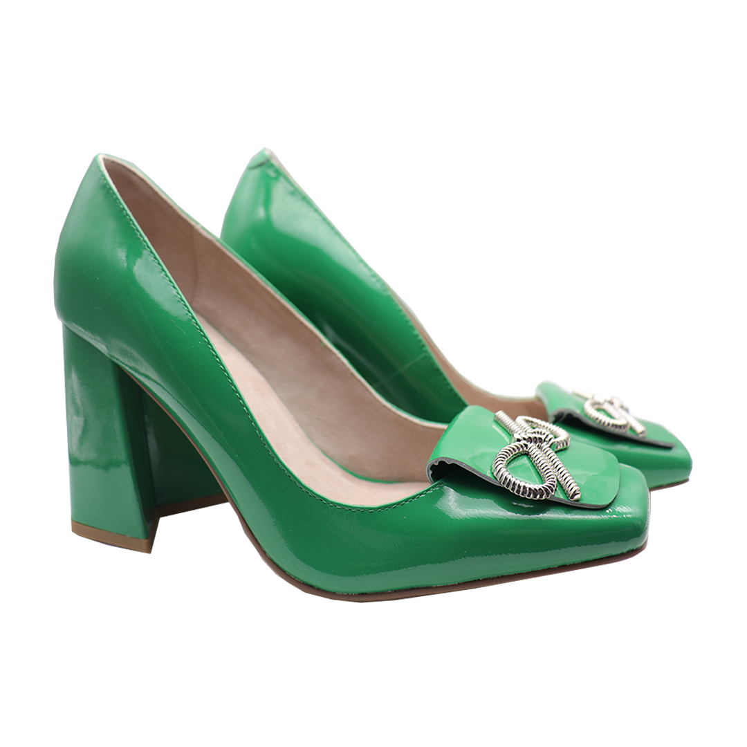 green sheepskin Square toe block heels shoes