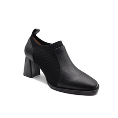 Women's Black Square Toe Genuine Leather & Woolen Handmade Mid Chunky Heels Casual Shoes