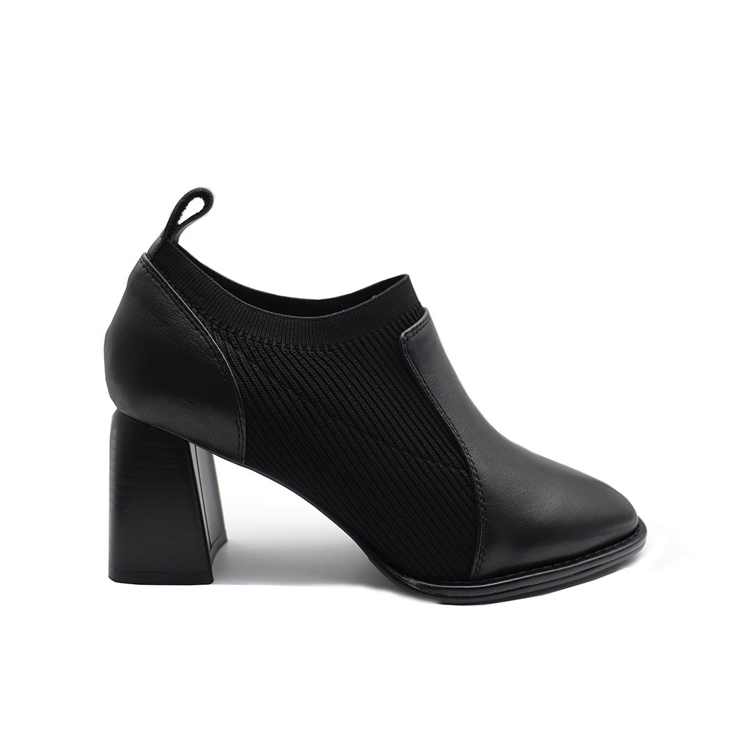 Women s Black Square Toe Genuine Leather Woolen Handmade Mid Chunky