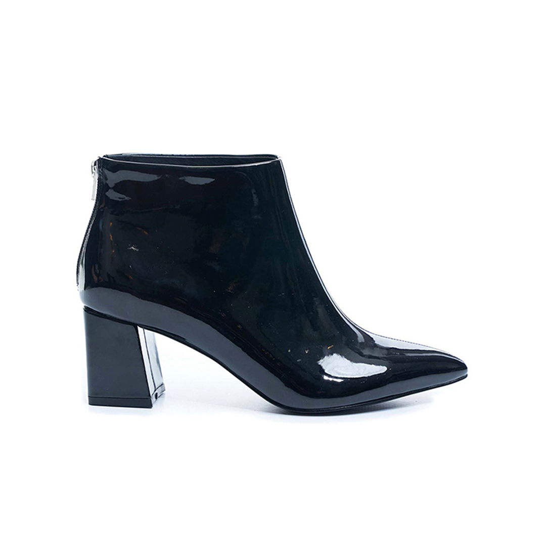 Black patent top leather booties heel