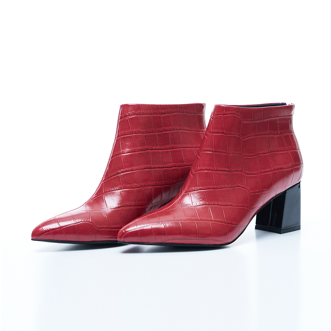 Red Crocodile Ankle Boots Scarlet with Block Heels - VHNY 